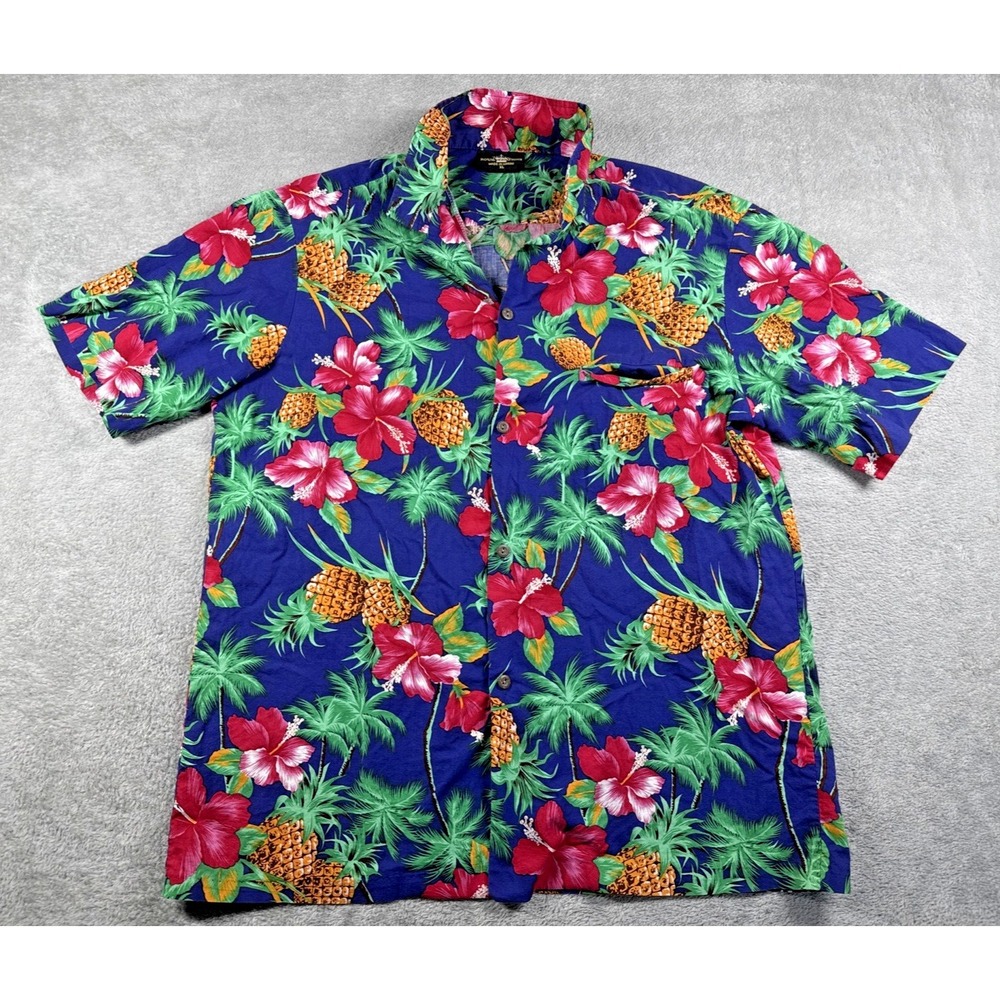 Royal Creations Men's Button-Up Short Sleeve Pineapple Print Shirt Blue Size XL